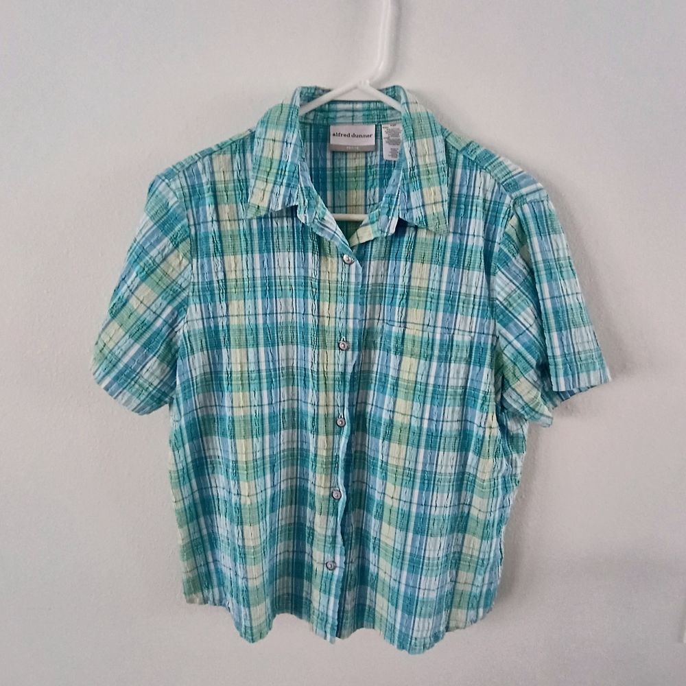 Alfred Dunner Petite Plaid Button Front Shirt Green Blue Cotton Womens 12P